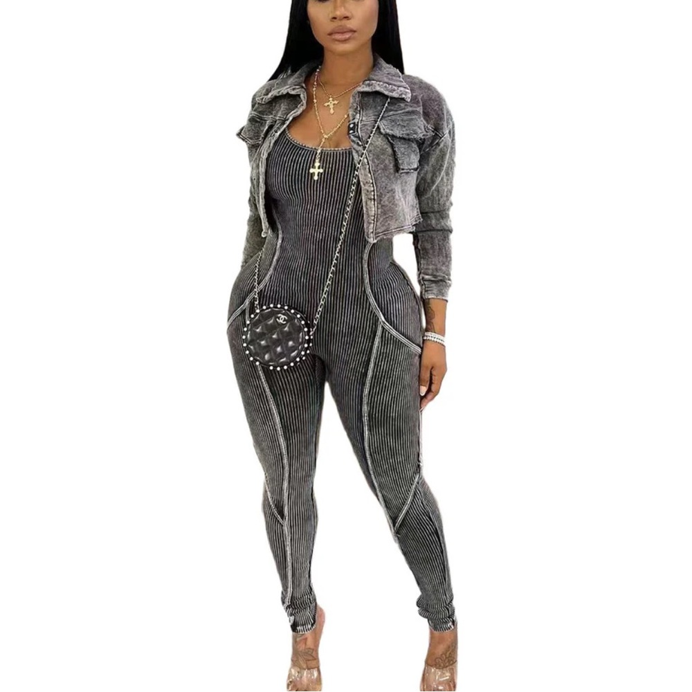 Chic Ribbed Jumpsuit with Cropped Jacket Set